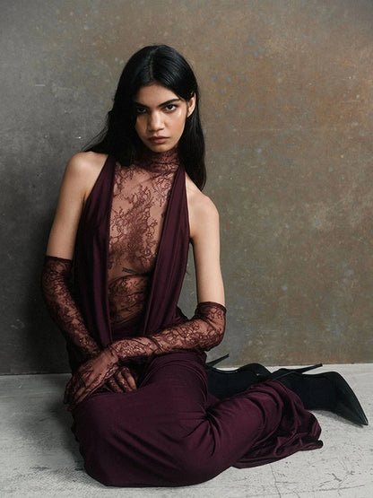 Sexy Lace Patchwork Long Dress With Gloves