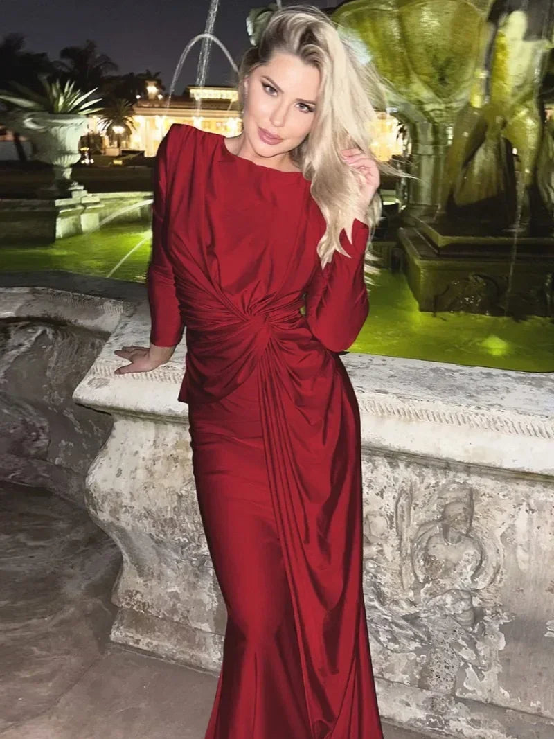 Celebrity Elegant High Waist Folds Long Sleeve Dress
