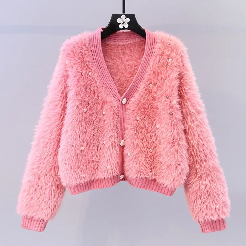Tweed Style Embellished Mink Sweater Jacket