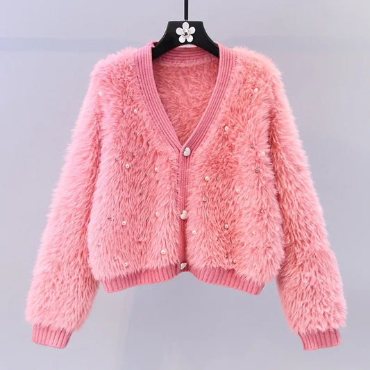Tweed Style Embellished Mink Sweater Jacket