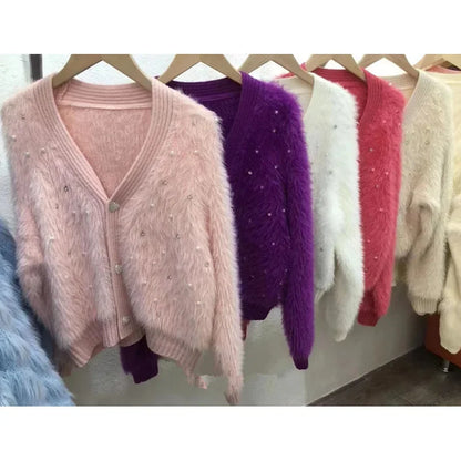 Tweed Style Embellished Mink Sweater Jacket