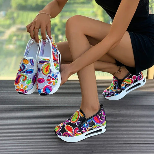 Floral Pattern Embroidery Mesh Platform Sneakers