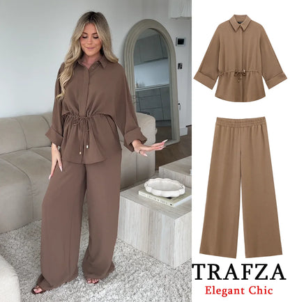 TRAFZA Women Casual Brown Dress Set