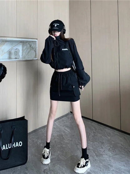 2 Pcs Long Sleeve Zipper Coat + High Waist Bodycon Skirt
