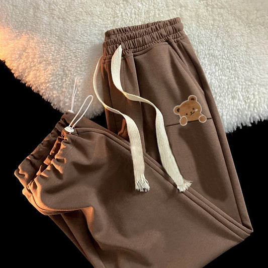 Cute Bear Print Drawstring Casual Pants