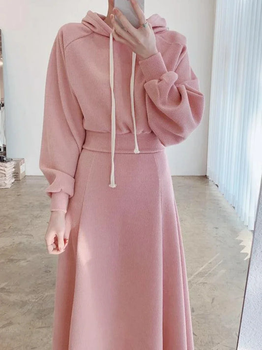 2 Pcs Hooded Long Sleeve Top + High Waisted Long Skirt
