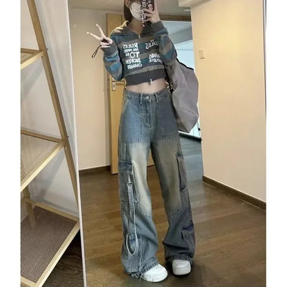 Female Spliced Pockets Cargo Jean Pants