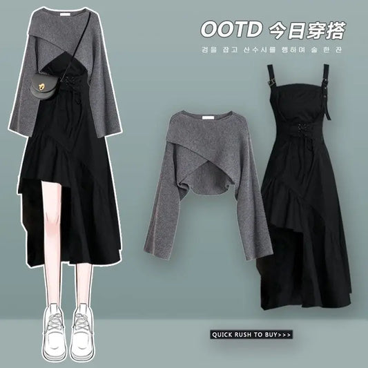 2 Pcs Short Knitted Sweater + Irregular Sexy Strap Skirt