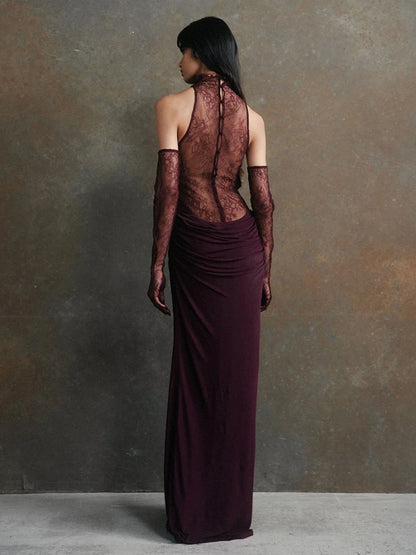 Sexy Lace Patchwork Long Dress With Gloves