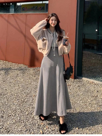 2 Pcs Hooded Long Sleeve Top + High Waisted Long Skirt