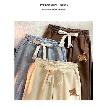 Cute Bear Print Drawstring Casual Pants
