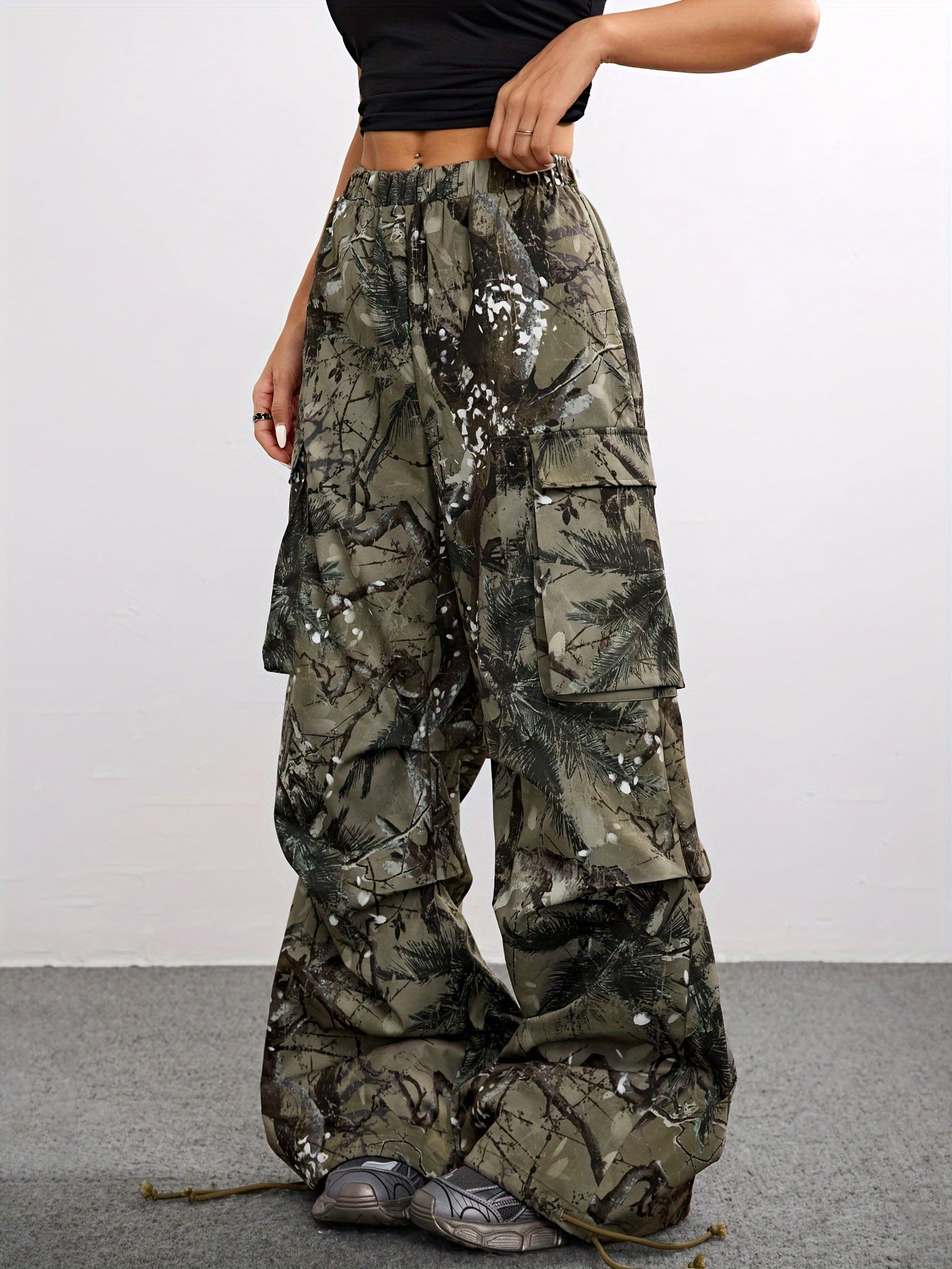 Wide Leg Casual Pants, Plant Print, All-Season Drawstring Waist with Belt & Woven Fabric