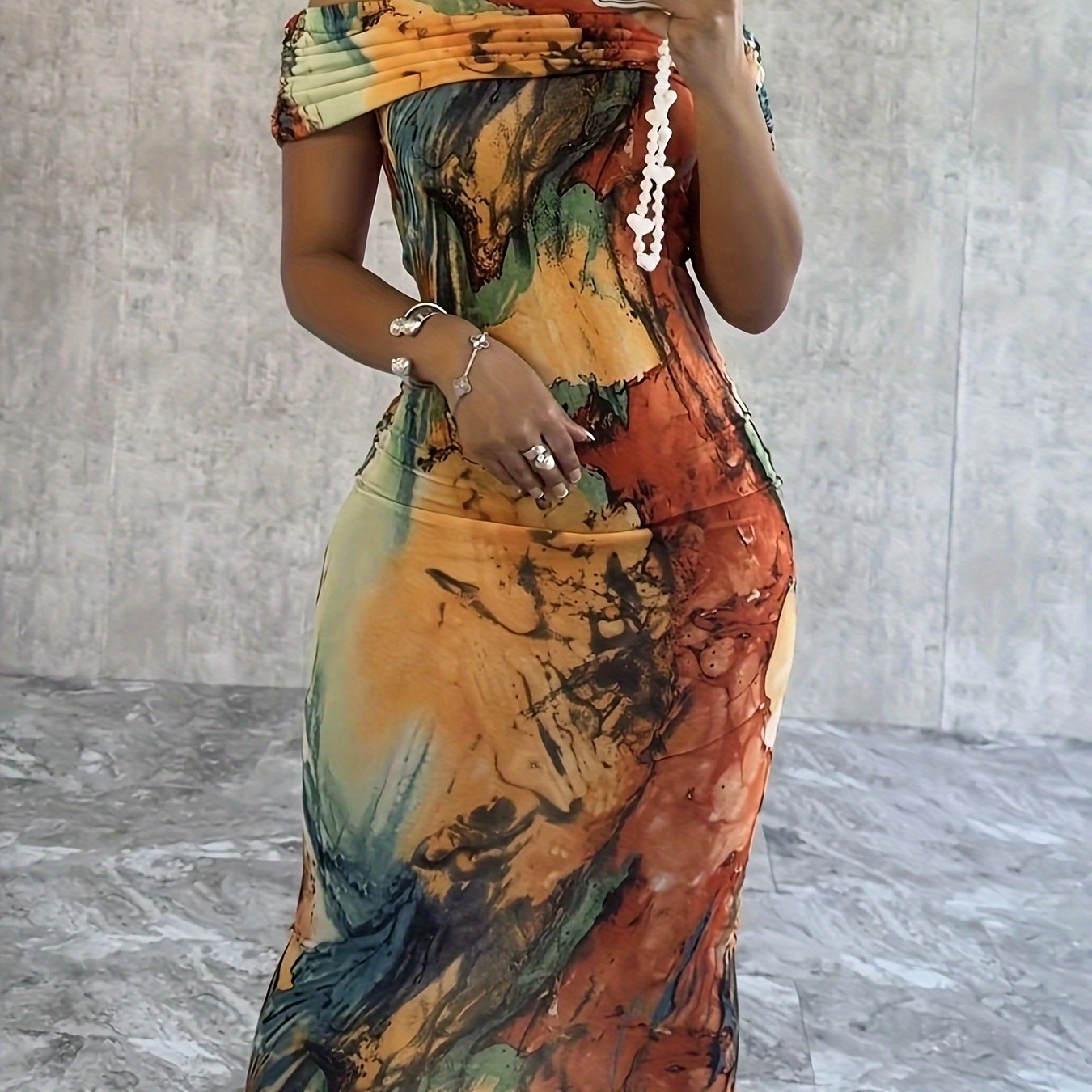 Chic Off-Shoulder Sheath Dress with Abstract Print