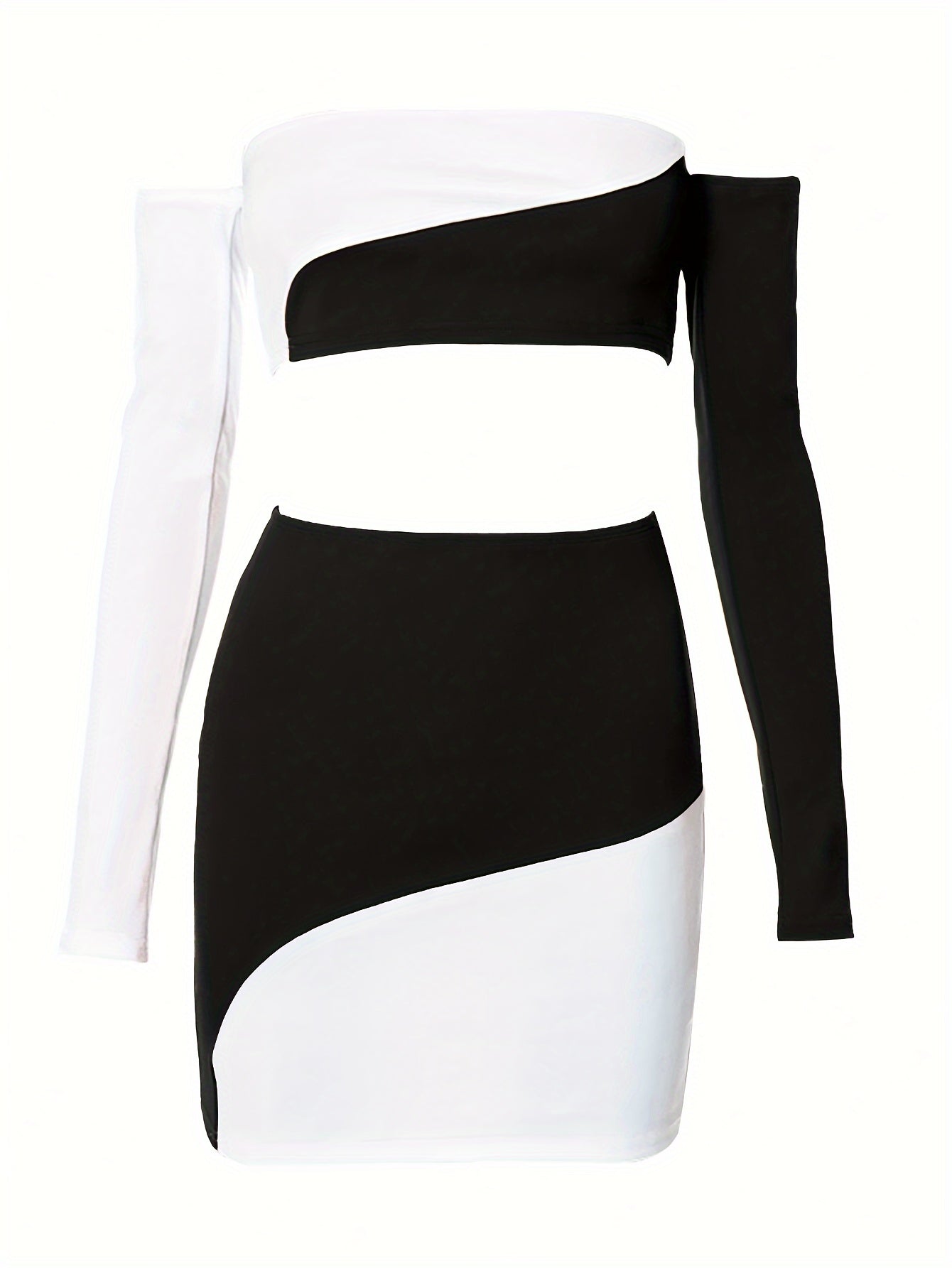 One-shoulder contrast color chest-wrapped long-sleeved top and hip-wrapped skirt