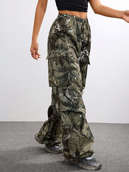 Wide Leg Casual Pants, Plant Print, All-Season Drawstring Waist with Belt & Woven Fabric