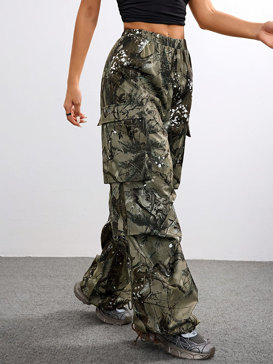 Wide Leg Casual Pants, Plant Print, All-Season Drawstring Waist with Belt & Woven Fabric