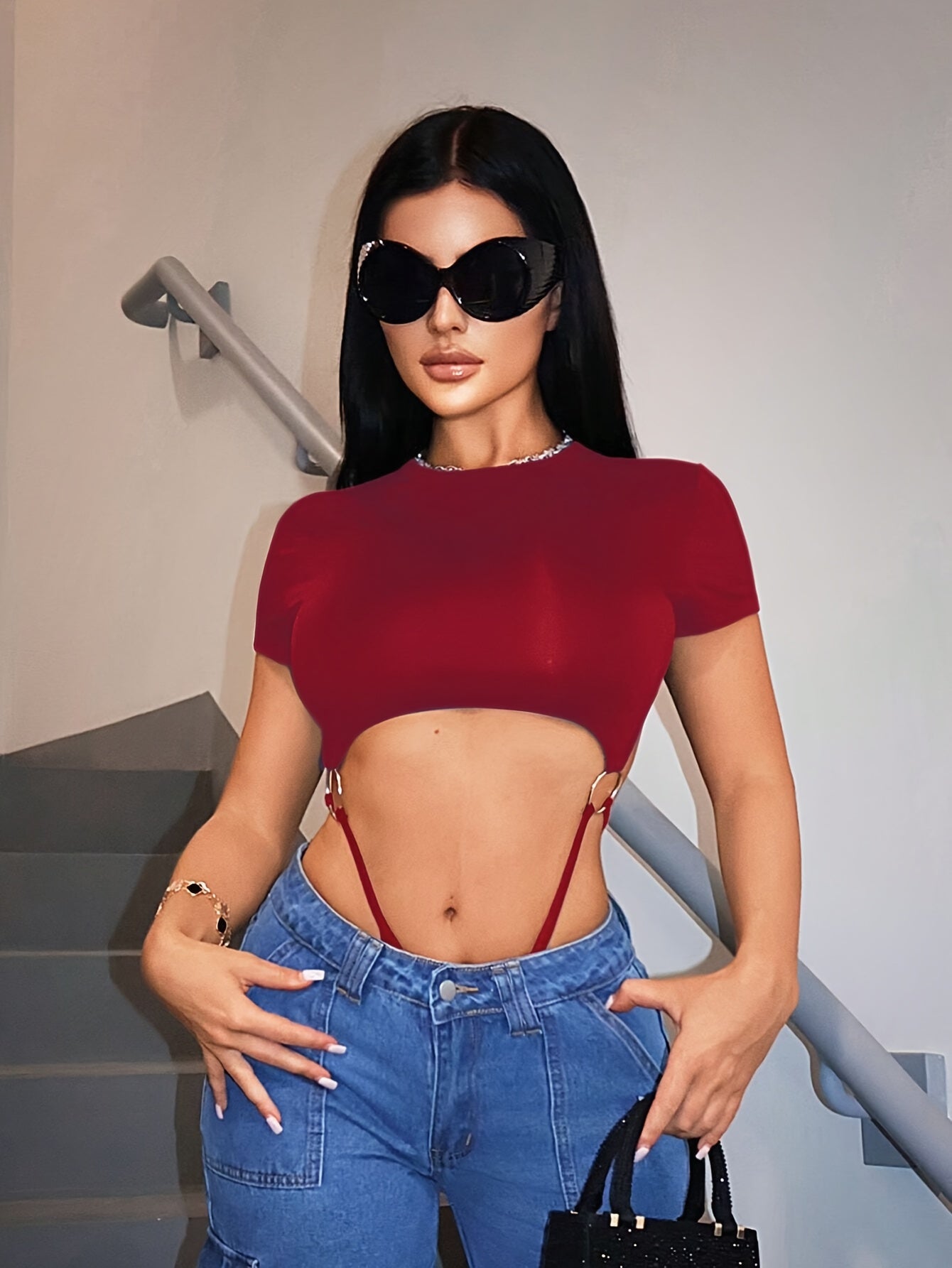 Sexy Solid Color Hollowed-Out Waist Short-Sleeve Jumpsuit