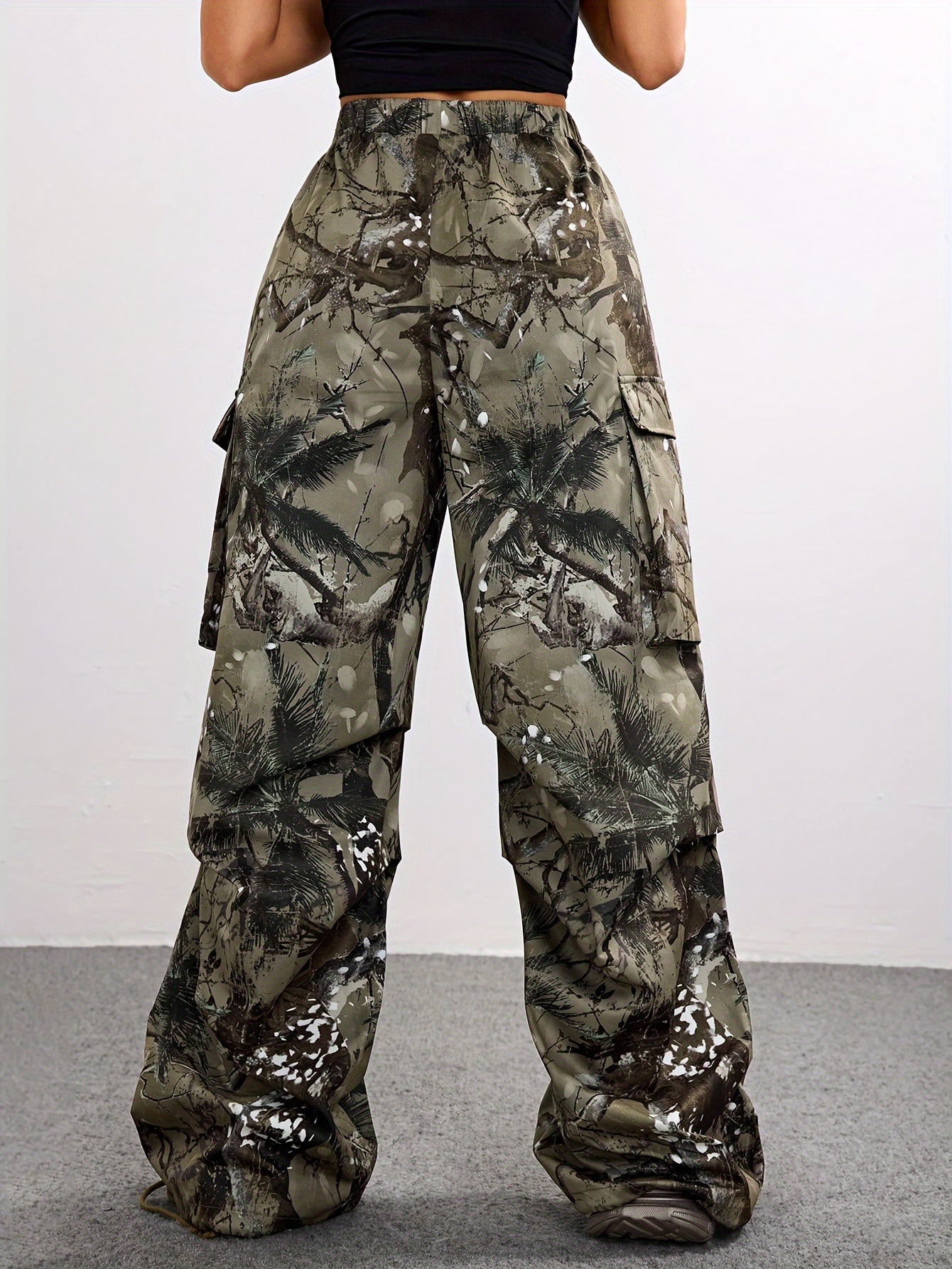 Wide Leg Casual Pants, Plant Print, All-Season Drawstring Waist with Belt & Woven Fabric
