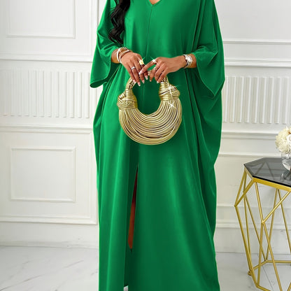 Elegant Solid Color V-Neck Cap Sleeve Side Slit Tunic Dress for Women