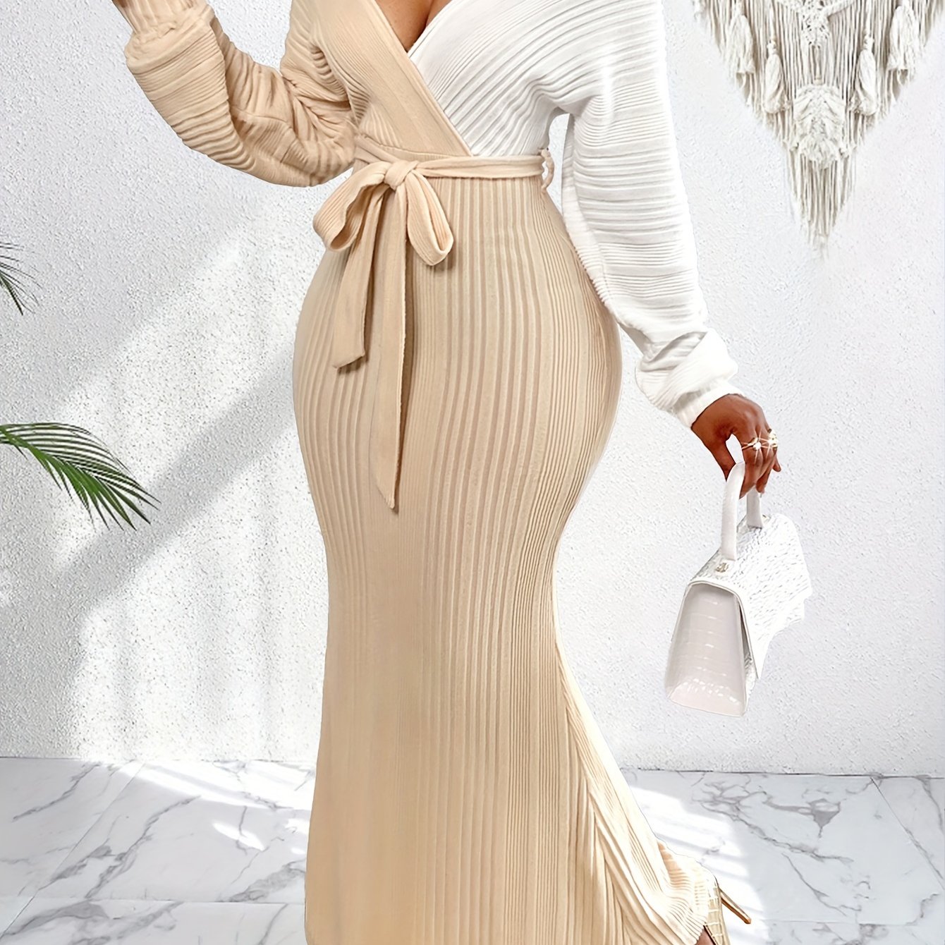 Two-Tone Elegant Batwing Sleeve Bodycon Long Dress