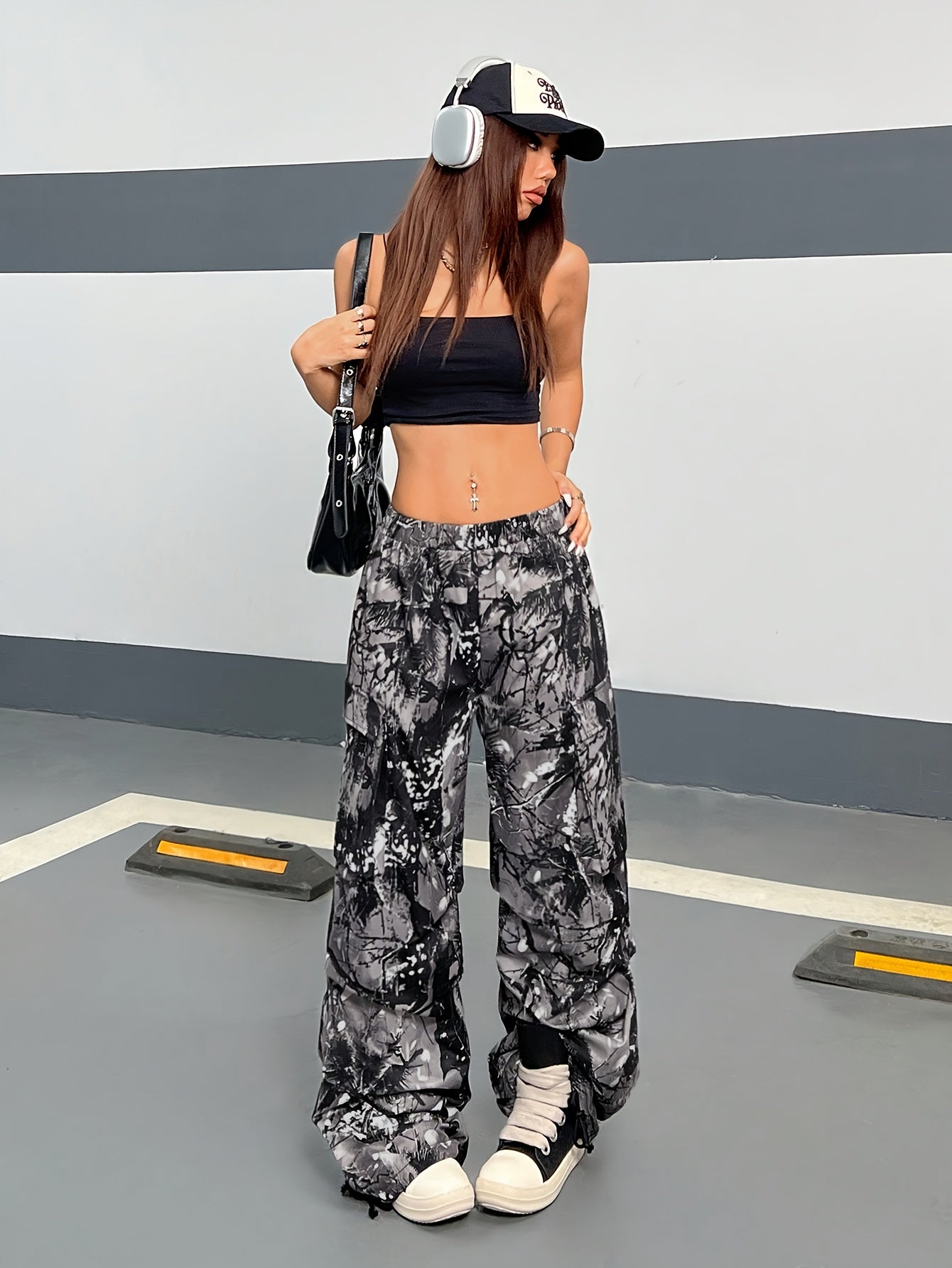 Wide Leg Casual Pants, Plant Print, All-Season Drawstring Waist with Belt & Woven Fabric