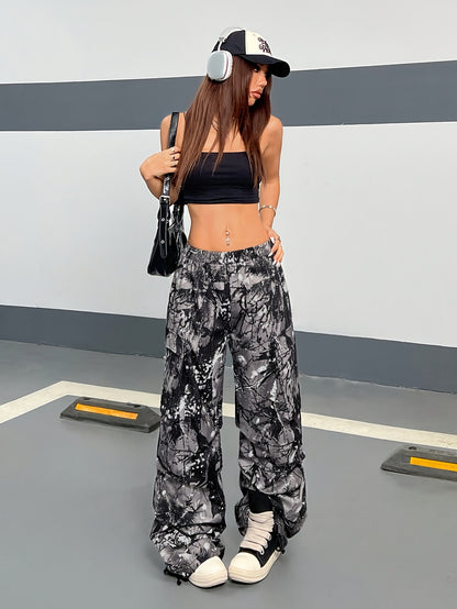 Wide Leg Casual Pants, Plant Print, All-Season Drawstring Waist with Belt & Woven Fabric