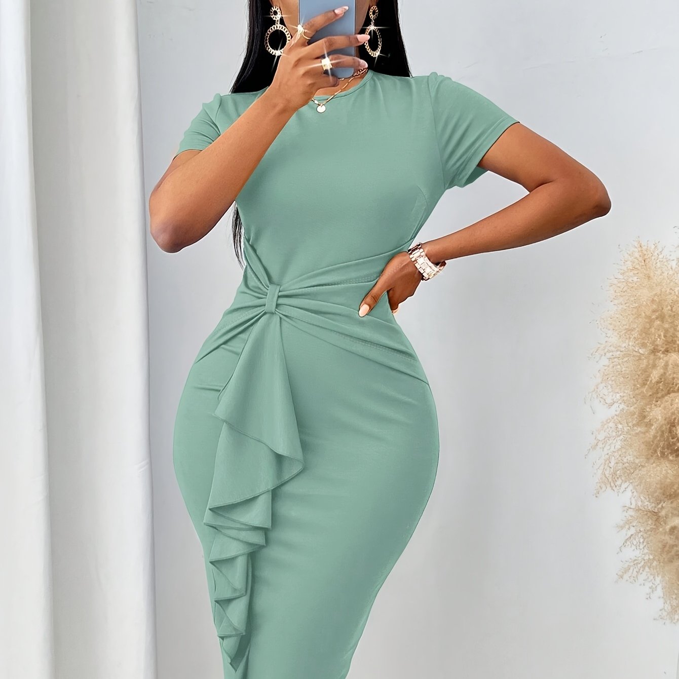 Elegant Light Blue Ruffle Trim Bodycon Dress